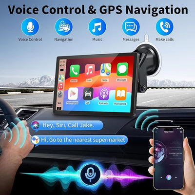 CarPlay Screen for Car, 9'' Wireless CarPlay & Android Auto - Smart Portable Touchscreen with Bluetooth/FM, Mirror Link, Voice Control, GPS Navigation, Plug & Play Car Play Screen, Gold