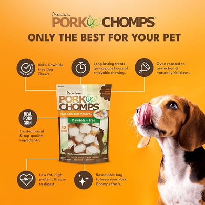 Pork Chomps Baked Pork Skin Dog Chews, 2.5-inch Mini Knots, Real Chicken Wrap, 12 Count