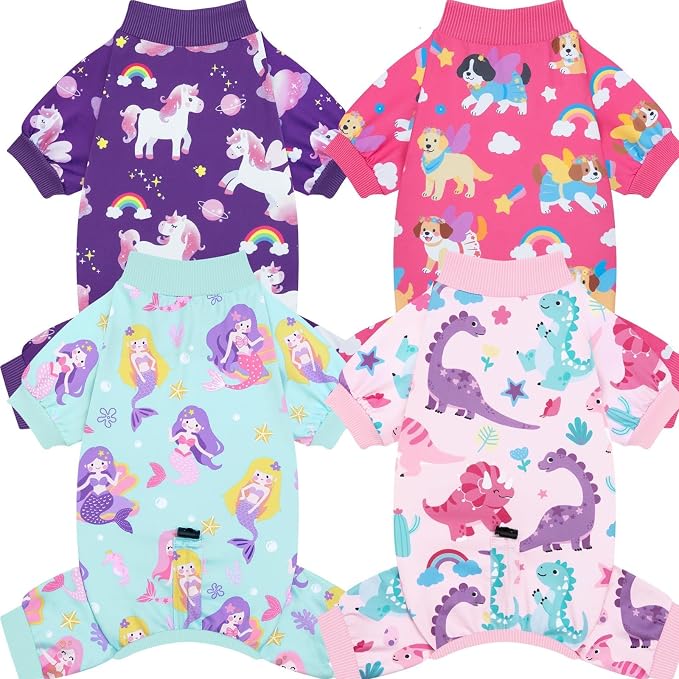 XPUDAC 4 Pack Large Dog Pajamas, Dog Onesie with Drawstring Adjustable, Soft Stretchy Pet Outfit Lightweight Shed Defender Dog Suit for Large Breeds Doggie Pjs Girl, 3XL
