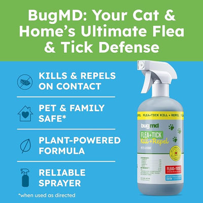 BugMD Pet Safe Flea Spray for Cats & Home | Natural Indoor Flea Killer & Tick Prevention | Plant-Based Flea Treatment for Carpet, Furniture & Cat Trees with Essential Oils