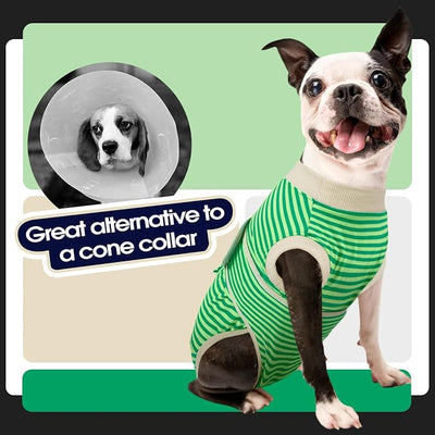 FUAMEY Dog Recovery Suit Male,Dogs Surgery Neuter Suits Puppy Spay Shirts for Female Protect Dog's Skin Anti Licking Abdominal Wounds Doggie Onesie Pet Bodysuit Alternative to Cone Green Stripes XS