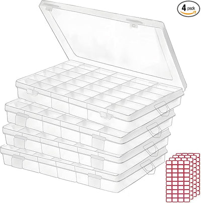 Budreu 4pack 36 Grids Plastic Clear Organizer Box Bead Storage Containers with Adjustable Dividers for Craft Jewelry Fishing Tackles Parts Storage with 4 Sheets Label Stickers