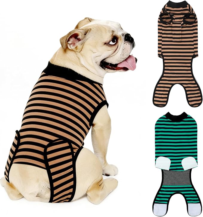 2 Packs Breathable Cotton Dog Recovery Suit for After Neuter Spay Abdominal Wounds Protector, Professional Anti-Licking Onesies for Male Female Pets Surgery Bandages, L Striped Yellow Green