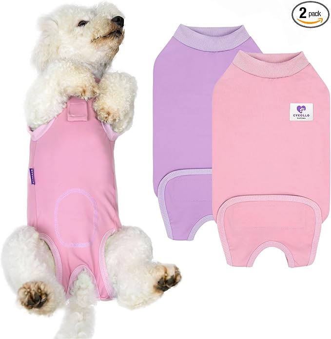 cyeollo 2pack Surgery Recovery Suit for Dogs Cats Soft Breathable Female Male Pet Bodysuit After Surgery for Spay, Neuter, Surgical Recovery Onesie Shirt for Small Dogs, Pink & Purple, M