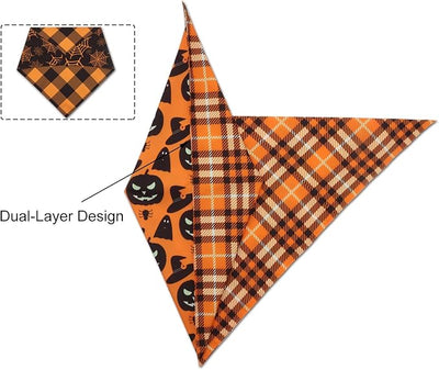 Fall Dog Bandanas 2PCS Halloween Pumpkin Spider Web Small Dog Cat | 2PCS reversible dog bandanas for fall & Halloween & Thanksgiving.Orange plaid/pumpkin/Spider Web design.Fits small dog cat