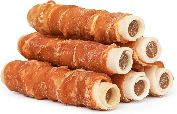 MON2SUN Dog Treats 5 Inch Chicken Wrapped Stuffed Rawhide Rolls with Beef and Chicken Liver, Rawhide Chews for Medium Dogs, 10.6 oz (6 Count)