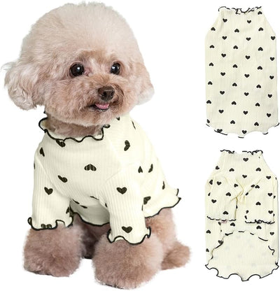 Pet Clothes for Small Dogs Cat Summer Fall Heart Print Shirt Stretchable Ruffle Long Sleeve Outfits for Chihuahua Schnauzer Shih Tzu Yorkie (Beige, Large)