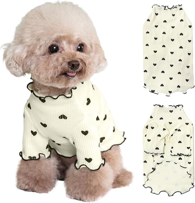 Pet Clothes for Small Dogs Cat Summer Fall Heart Print Shirt Stretchable Ruffle Long Sleeve Outfits for Chihuahua Schnauzer Shih Tzu Yorkie (Beige, Small)