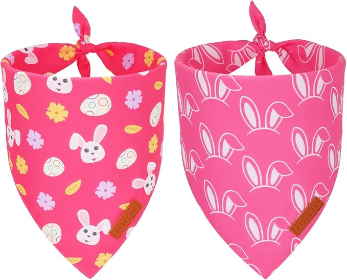 PTDECOR Easter Dog Bandana, Pink Rabbit Reversible Holiday Dog Scarf, Multi Size, Triangle Pet Easter Bandanas for Medium Large Dogs Pets (Large)