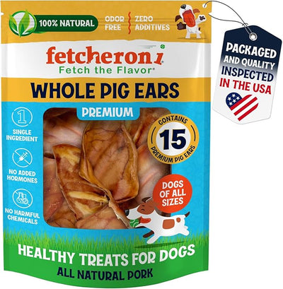FETCHERONI Whole Pig Ears for Dogs - Single Ingredient Pig Ears Dental Chews for Dogs - Thick Cut Pet Chew Treats for Small or Large Breed, Teeth and Gums, No Added Hormones or Chemicals, Pack of 15