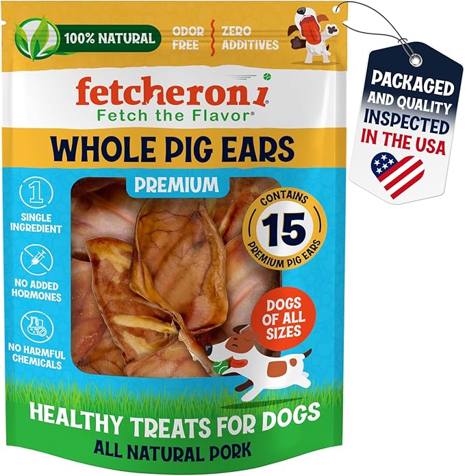 FETCHERONI Whole Pig Ears for Dogs - Single Ingredient Pig Ears Dental Chews for Dogs - Thick Cut Pet Chew Treats for Small or Large Breed, Teeth and Gums, No Added Hormones or Chemicals, Pack of 15