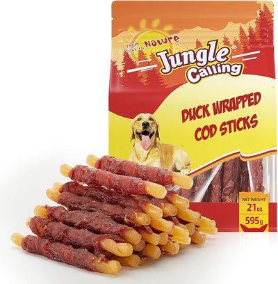 Jungle Calling 1.3 lb 35-Count Duck Wrapped Cod Sticks Dog Treats, Rawhide Free Dog Chews Long Lasting, Soft & Chewy Digestible Training Snacks for Small Medium Dogs