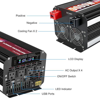 LVYUAN 5000 Watt Power Inverter 12V to 110V 120V with 4 AC Outlets, LCD Display, Wireless Remote Control for Vehicle, Solar System, Heavy Duty, RV, Truck, Off Grid, Camping