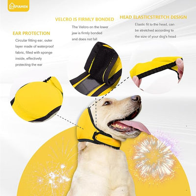 Dog Ear Covers,Dog Ear Muffs Noise Protection,No Flap Ear Wrap for Dogs Hematoma Recovery,Adjustable Calming Hoodie Shower Cap for Grooming,Bathing,Swimming & Anxiety Relief(Yellow,M)