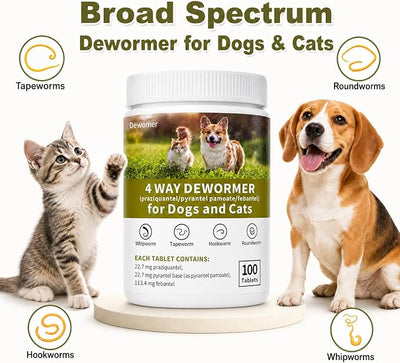 Dewormer for Dogs and Cats,4 Way Broad Spectrum Wormer with Praziquantel, Pyrantel Pamoate & Febantel, Safe for 4 Weeks and Older,100 Tablets