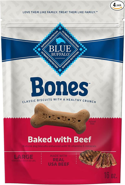 Blue Buffalo Bones Natural Crunchy Dog Treats Large Dog Biscuits Beef, 16oz. Bag, 4 Count
