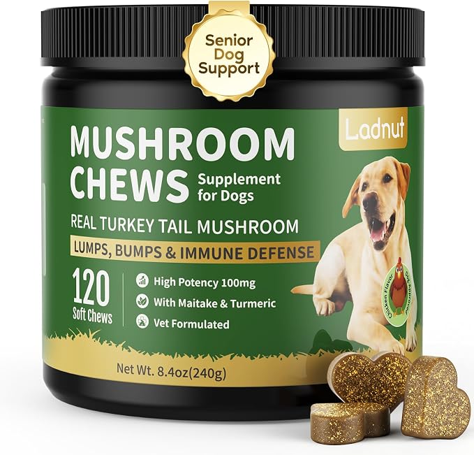 Turkey Tail Mushroom for Dogs,Senior Dog Supplement for Lumps, Bumps & Lipoma,Soft Chews with Reishi, Maitake, Turmeric & Astragalus,Supports Immune Health,Natural Chicken Flavor, 120 Count