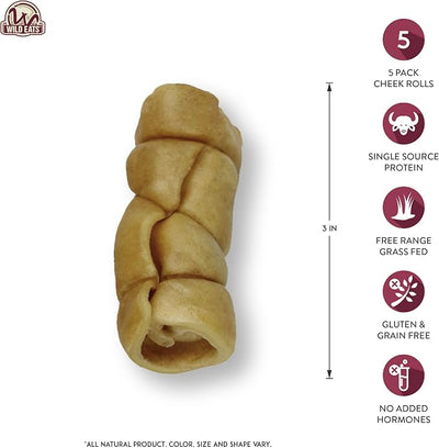 Wild Eats Water Buffalo 3" No-Hide Cheek Roll Dog Chews - 5 Pack (Long Lasting Chews, Treats, Rawhide Free for Aggressive Chewers & Medium Dogs) Pig Ears Alternative, Low Fat, High Protein