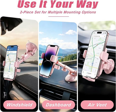 Car Phone Holder, 360° Rotation Strong Suction Vehicle Dashboard Windshield Air Vent Mobile Phone Mount, Auto Interior Dash Windshield Cellphone Stand, Universal Fit for SUV RV Truck, Pink