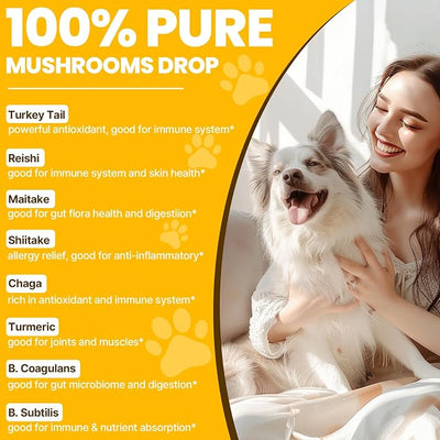 Turkey Tail Mushroom for Dogs - for Yeast & Itchy Skin, Turkey Tail Mushroom for Immune & Digestive, Joint, Energy, 5X Mushrooms for Pet Drop with Turmeric & Probiotic - Vet Formulated, 90 ML