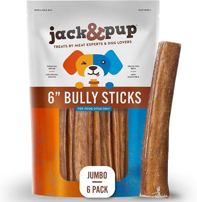 Jack&Pup 6-inch Jumbo Bully Sticks (6 Pack) Single Ingredient, Extra Thick Pizzle Sticks for Dogs | Longest Lasting Bully Sticks for Medium to Large Dogs