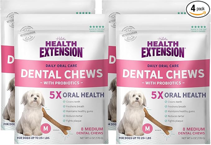 Health Extension Probiotic Dental Bones for Dogs, 8 Medium Bones, Cleans Teeth, Healthy Gums, Freshens Breath, Training or Reward, 6 oz Bag (Pack of 4)