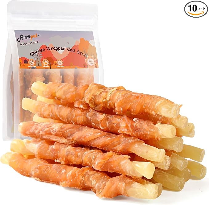 Dog Treats Chews, Chicken Wrapped Cod Sticks, Rawhide Free & Grain Free Dog Snacks for Training Rewards (16 pcs,10.6 oz)