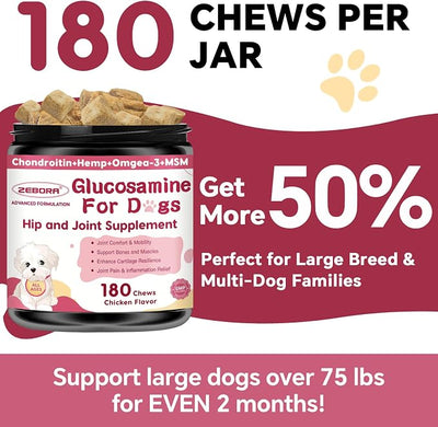 Hip & Joint Supplement for Dogs, Glucosamine for Dogs with MSM, Chondroitin, Omega-3, Turmeric, Calcium - Dog Joint Supplement for Dog Joint Pain Relief & Bone Health Support, 180 Freeze-Dried Chews