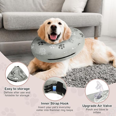 SCENEREAL Dog Cone Alternative After Surgery Donut Collar, Soft Pet Recovery Pillow Collar for Medium Large Dogs, Inflatable Adjustable Neck Collars to Prevent Licking, Grey Footprints M