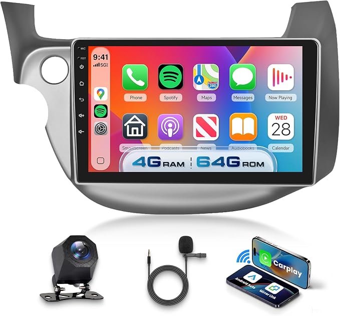 4G+64G Android 15 Car Stereo for Honda Fit 2008-2013 with Wireless Carplay Android Auto, 10.1 Inch 1280 * 720 Touch Screen GPS/WiFi/Bluetooth 5.0/FM/32EQ/SWC/Backup Camera