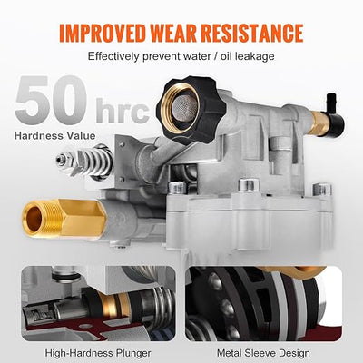 VEVOR Pressure Washer Pump, 3/4" Shaft Horizontal, 2500-3400PSI, 2.5 GPM, Replacement Power Washer Pumps, Parts Washer Pump, Compatible with Honda, Simpson, RYOBI, Briggs & Stratton, Subaru, Craftsman