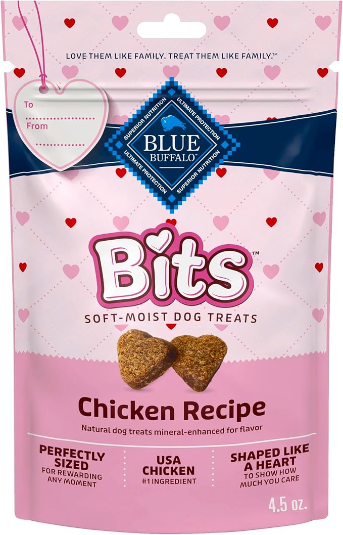 Blue Buffalo Bits Soft & Chewy Natural Dog Treats, Bite-Sized & Heart-Shaped Valentine’s Morsels, Chicken Recipe, 4.5-oz Bag