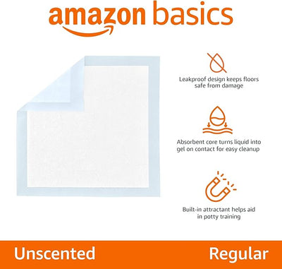 Amazon Basics Disposable Dog Training Pads with 5-Layer Leak-Proof Design, Quick-Dry Surface, Regular, 22 x 22 Inches, 30-Pack