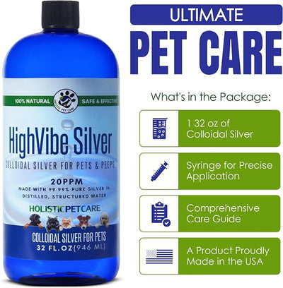 HOLISTIC PET CARE Colloidal Silver for Dogs, Cats, Horses & Birds - 20 PPM Skin Relief & Coat Care Solution, Wellness and Immune Support - All-Natural Colloidal Silver for Pets with Syringe (32 oz)