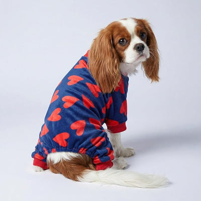 Fitwarm Valentines Day Sweet Hearts Dog Pajamas, Dog Winter Clothes for Small Dogs Girl Boy, Lightweight Velvet Pet Jumpsuit, Cat Onesie, Dark Blue, Red, XL