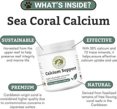 Wholistic Pet Organics Pure Powder Calcium for Dogs and Cats - Supports Strong Bones, Teeth & Muscles - Sea Coral Cat and Dog Calcium Supplement with 72 Trace Minerals - Pet Food Topper - 60 Scoops