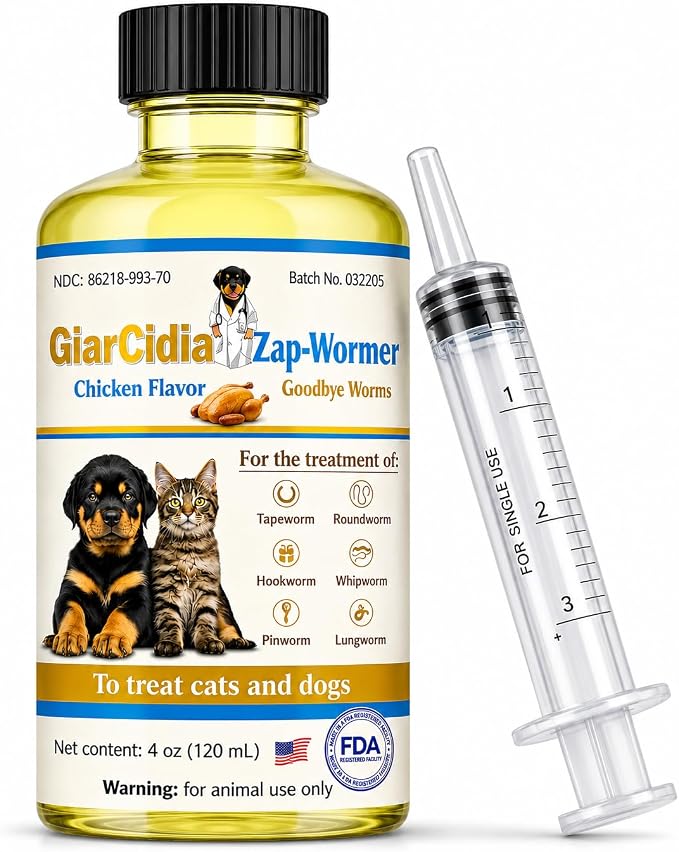 No More Worms in Cats and Dogs- Dewormer for Cats and Dewormer for Dogs - Chicken Flavour 120 mL / 4 oz Glass Bottle – Includes 3 mL Dropper with Cap (Chicken Flavor)
