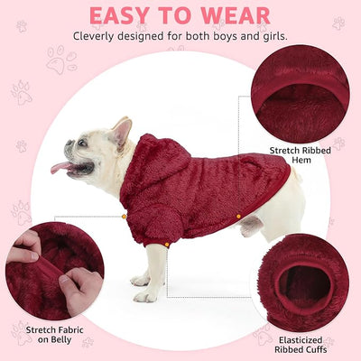 SCENEREAL Fleece Dog Sweaters Hoodie for Small Medium Large Dogs Girls Boys, Plush Fuzzy Dog Clothes Hoodies with Leash Hole, Winter/Fall Puppy Cold Weather Coat, Sherpa Hooded Sweatshirt, Burgundy S