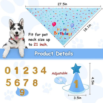 Dog Birthday Party Supplies, Dog Birthday Bandana Set, Dog Boy Girl Birthday Party Hat with Numbers for Large Medium Small Dogs Pet (Blue)