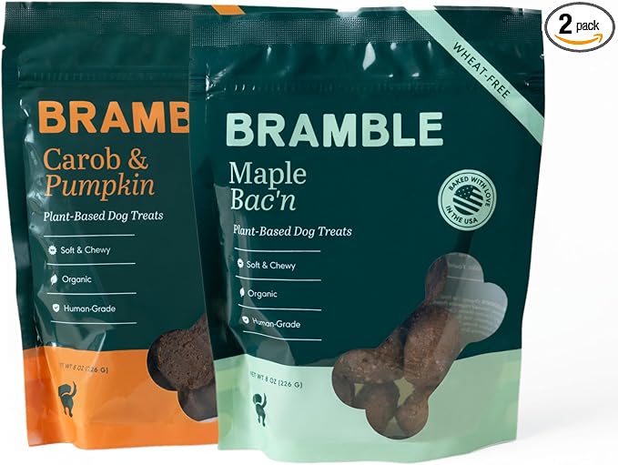 BRAMBLE Dog Treats. Plant-Based Carob & Pumpkin and Maple Bac'n, Treats for Dogs Bundle, Wheat-Free Everyday Dog Treats, All-Natural Soft & Chewy Cookies. 2 Packs 8 oz