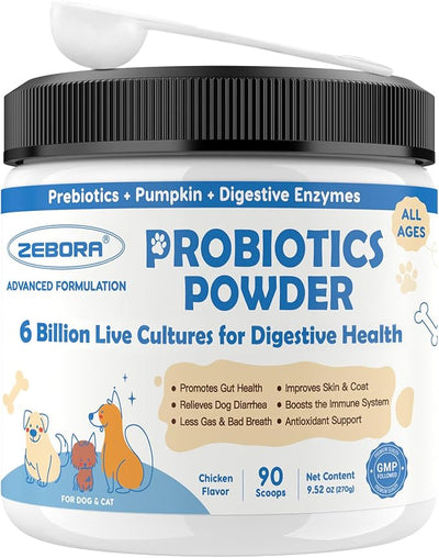 ZEBORA Probiotics for Dogs, Probiotic Powder with Pumpkin, Prebiotics & Digestive Enzymes, 6 Billion CFUs Dog Probiotics for Digestive Health, Gut & Immune Health, Chicken Flavor, 90 Scoops