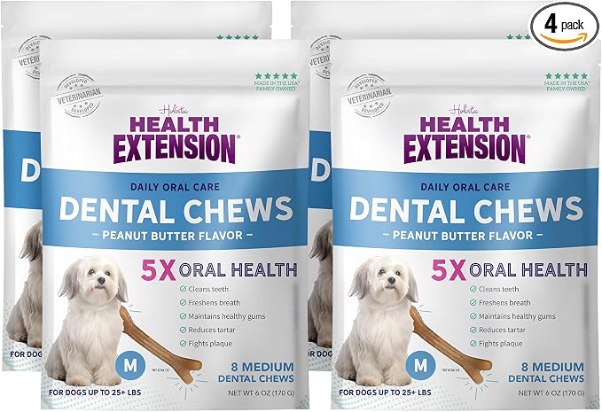 Health Extension Peanut Butter Dental Bones for Dogs, 8 Medium Bones, Healthy Gums, Freshens Breath, Cleans Teeth, Training or Reward, 6 oz Bag (Pack of 4)