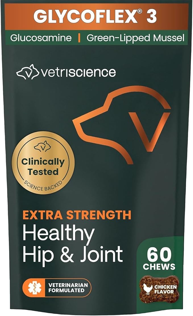 VetriScience Glycoflex 3 Vet Strength Glucosamine for Dogs Hip and Joint Supplement - Clinically Proven Mobility and Joint Supplement with MSM, DMG and Green Lipped Sea Mussel, Chicken, 60 Chews