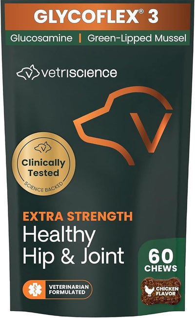 VetriScience Glycoflex 3 Vet Strength Glucosamine for Dogs Hip and Joint Supplement - Clinically Proven Mobility and Joint Supplement with MSM, DMG and Green Lipped Sea Mussel, Chicken, 60 Chews