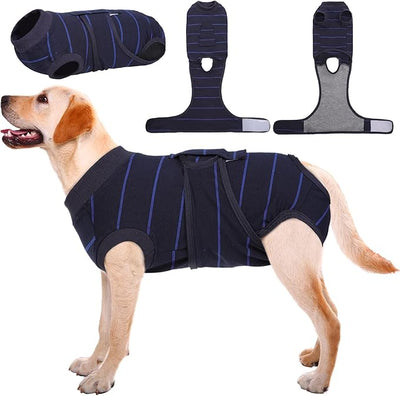 Kuoser Dog Surgery Recovery Suit, Soft Breathable Dog Recovery Suit for Female Spay Male Nueuter, Anti Licking Puppy Onesie Pet Surgical Suit for Dogs Abdominal Wounds Skin Disease, Blue Strips L