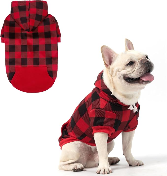 KOOLTAIL Plaid Dog Hoodie Pet Clothes Sweater with Hat and Pocket for Small Medium Large Size Dogs, Soft Winter Warm Dog Cold Weather Coat, Fleece Fall Dog Hooded Sweatshirt for Puppy Cats, Red M