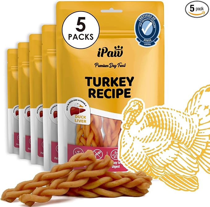 iPaw 5 Stock-Up Combo Turkey Dog Treats, SQF Certified Human Grade Dog Treat, Suitable for Training Chew, Hypoallergenic, Rawhide Alternative, Braided Stick (Duck Liver), 5 Packs