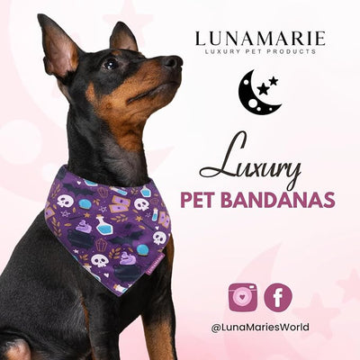 LunaMarie - Luxury Dog Bandanas - Cute Witch Magic Design | Premium & Silky Fabric | 100% Handmade | Custom Shape Dual Layered Reversible Small, Medium, Large Cat Scarf (Bewitched, Large)