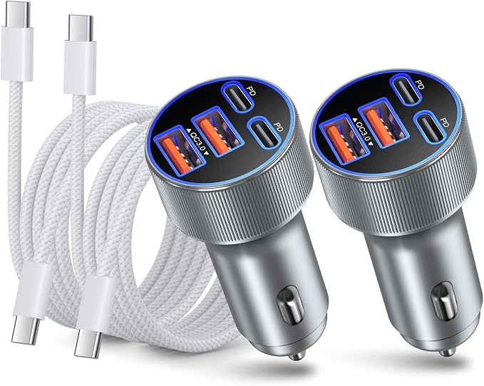 90W Car Charger USB C, [2Pack] Besgoods Dual 45W USB C iPhone 17 Pro Max Fast Charging Cigarette Lighter Adapter with 6ft Type C Cable for iPhone 16 15 Galaxy S26 S25 Ultra S24 S23
