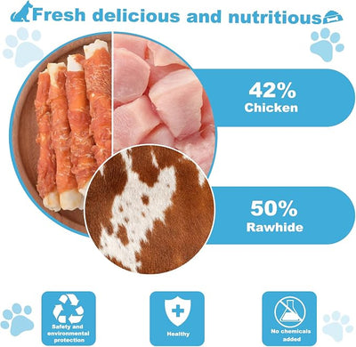 Chicken Wrapped Puffed Rawhide Rolls Dog Sticks Treats, 8 oz | Savory poultry wrap; firm chew texture; 65% protein; low-fat recipe; indoor boredom-busting snack